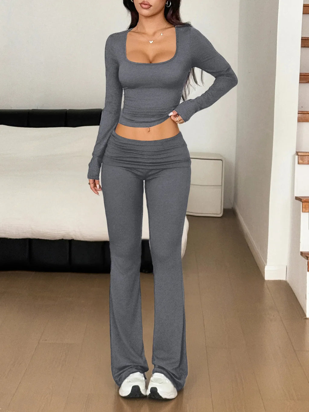 Long Sleeve Crop Top and Bootcut Pants Set
