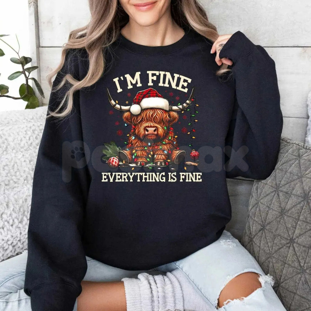 Christmas Lights Cow Sweatshirt | Funny Highland Cow Shirt | Festive Animal Crewneck | Cute Xmas Farm Gift Jumper