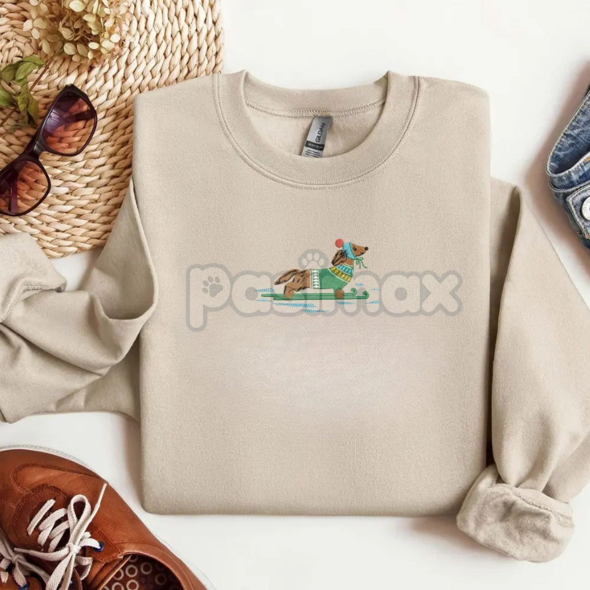 Dachshund on Skis Embroidered Sweatshirt – Funny Christmas Dog Crewneck