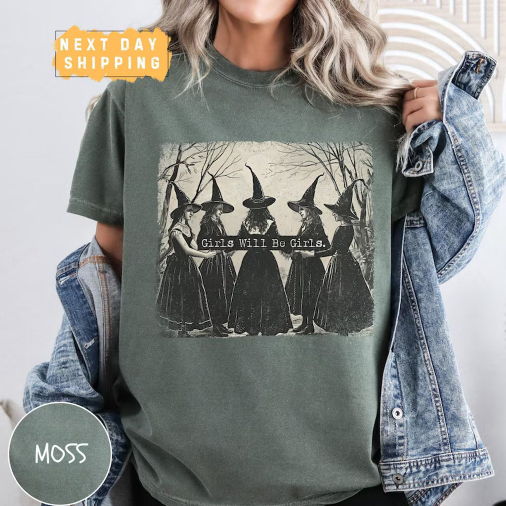 Cozy Retro 'Girls Will Be Girls' Witch Shirt – Comfort Colors® Nostalgic Halloween Tee, Funny Witchy Vibes Fall Staple