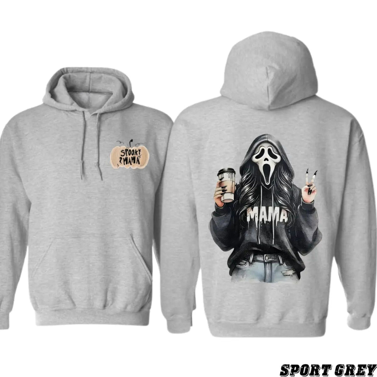 Spooky Mama Coffee Ghost Hoodie – Cozy Unisex Pullover for Moms, Fun Halloween Design, Perfect for Fall, Pumpkin Patch & Trick or Treating