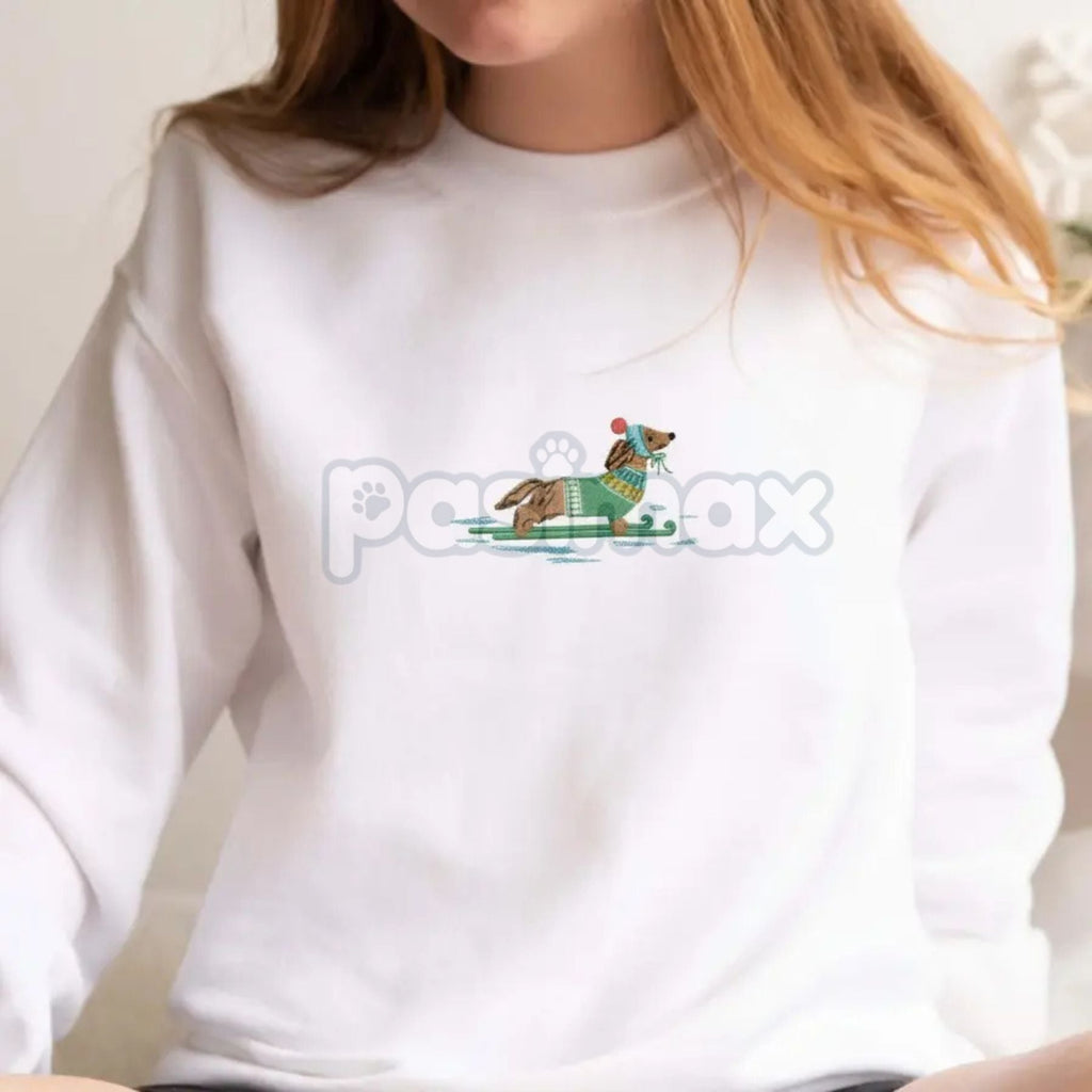 Dachshund on Skis Embroidered Sweatshirt – Funny Christmas Dog Crewneck
