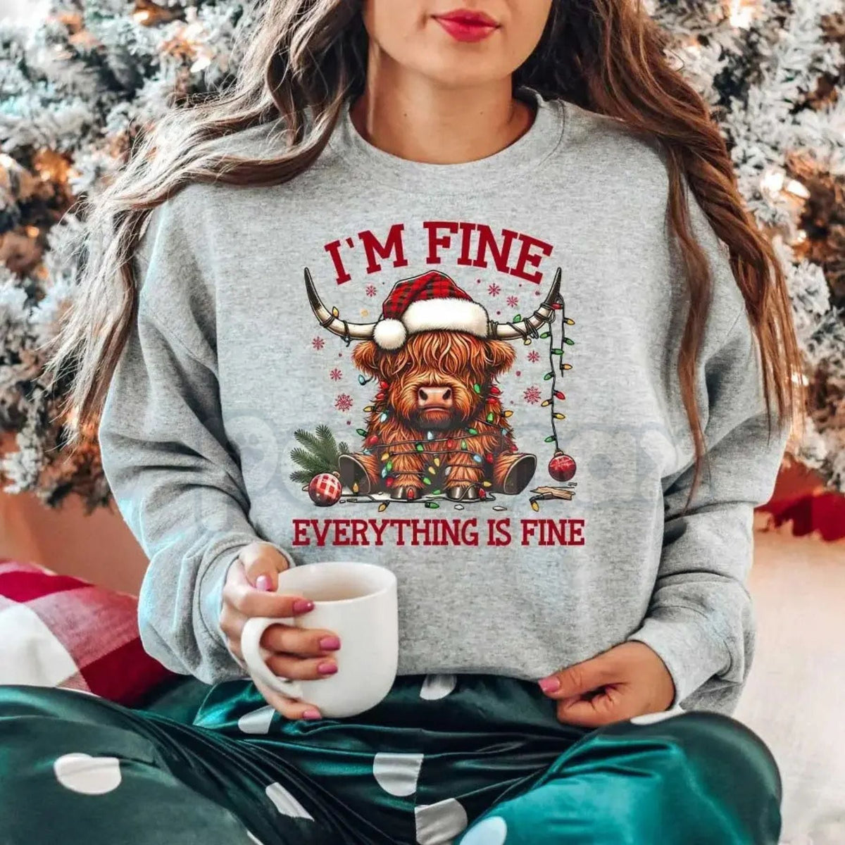Christmas Lights Cow Sweatshirt | Funny Highland Cow Shirt | Festive Animal Crewneck | Cute Xmas Farm Gift Jumper