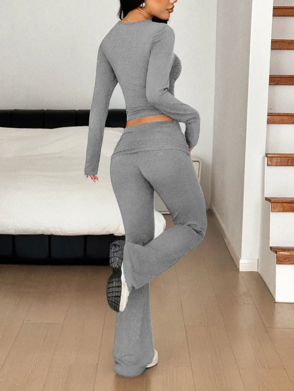 Long Sleeve Crop Top and Bootcut Pants Set