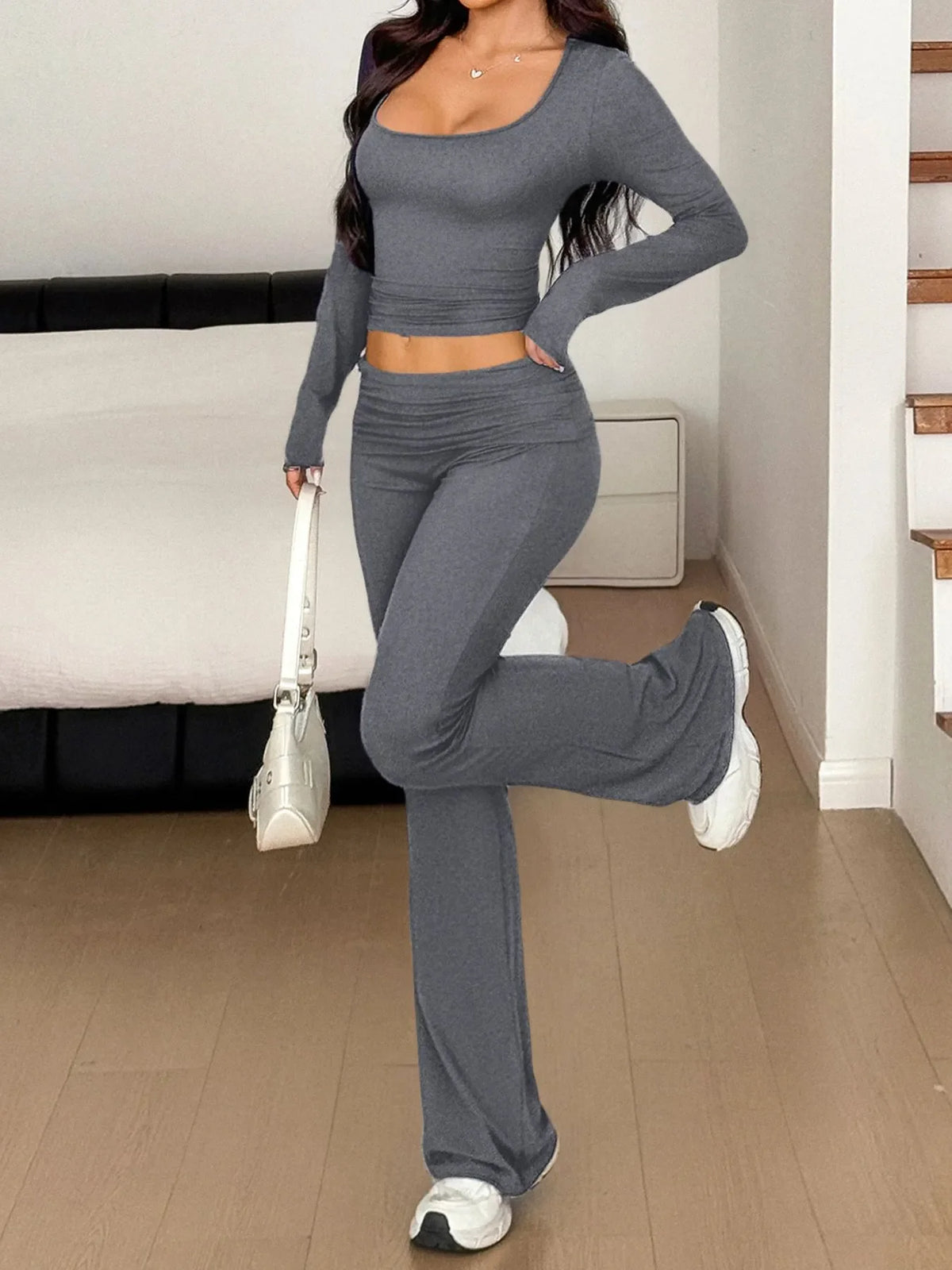 Long Sleeve Crop Top and Bootcut Pants Set