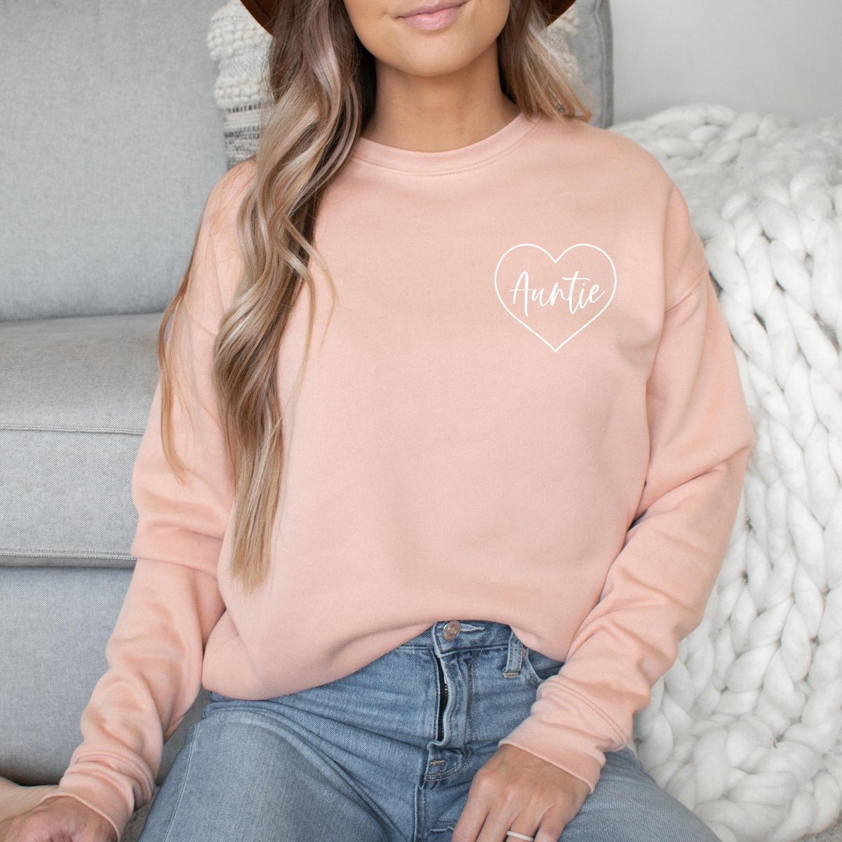 Auntie Heart Around Drop Shoulder Sponge Fleece Crewneck Sweatshirt