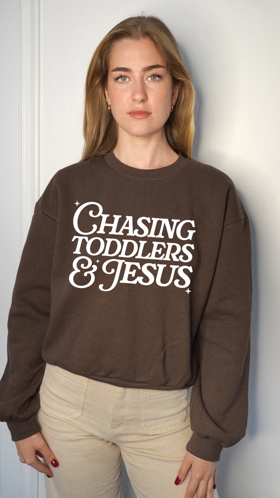 Chasing Toddler and Jesus Christian Mom Faith Bible Women's Slightly Cropped Sweatshirt