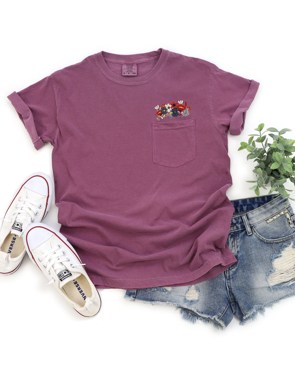 Wildflowers America Flag Color Botanical Comfort Colors Pocket T Shirt
