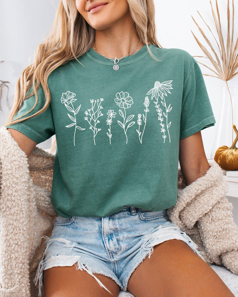 Wildflowers Botanical Plant Nature Garment Dyed T Shirt