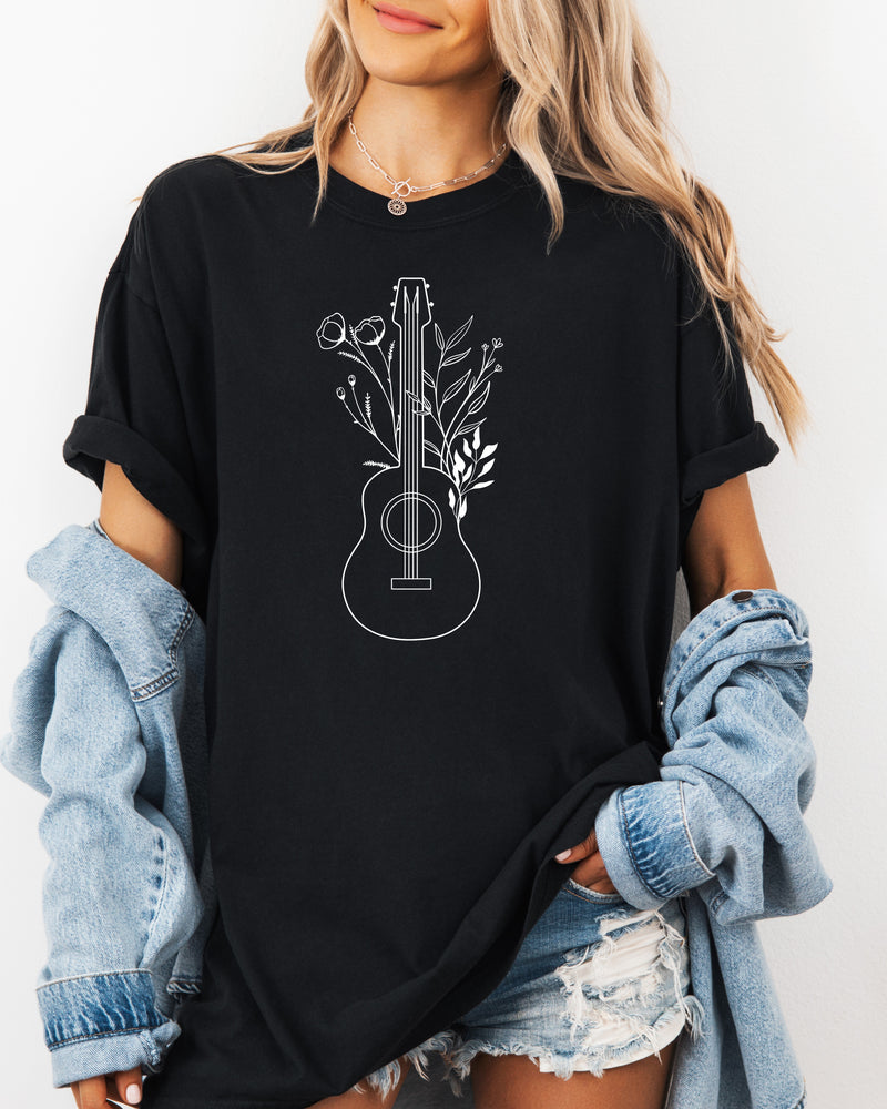 Wildflowers and Guitar Music Nature botanical Garment Dyed T Shirt