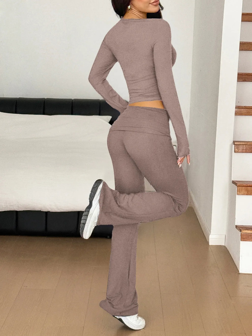 Long Sleeve Crop Top and Bootcut Pants Set