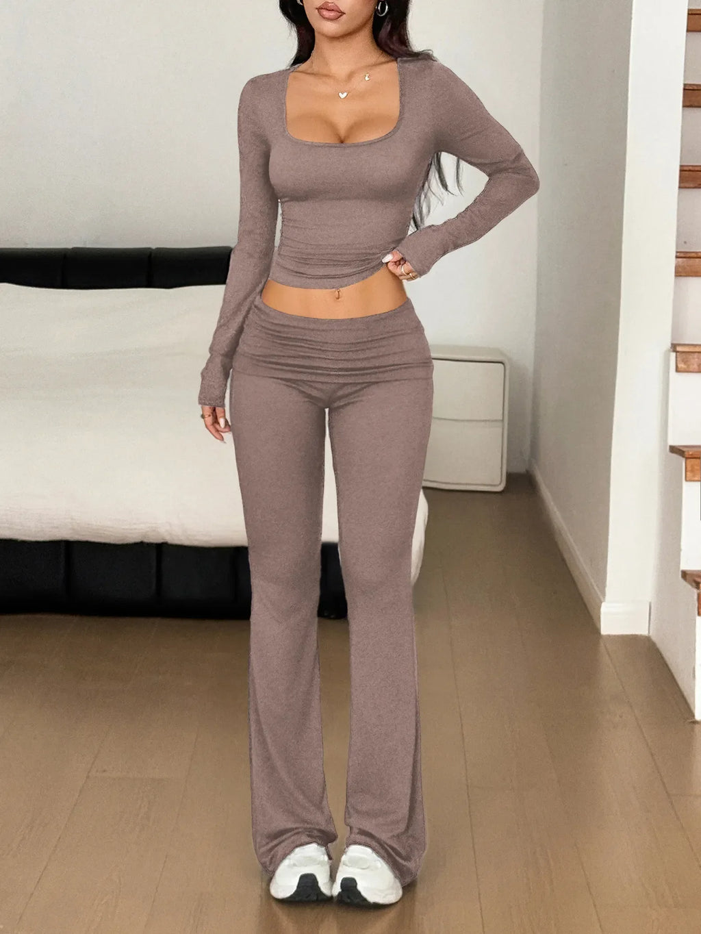 Long Sleeve Crop Top and Bootcut Pants Set