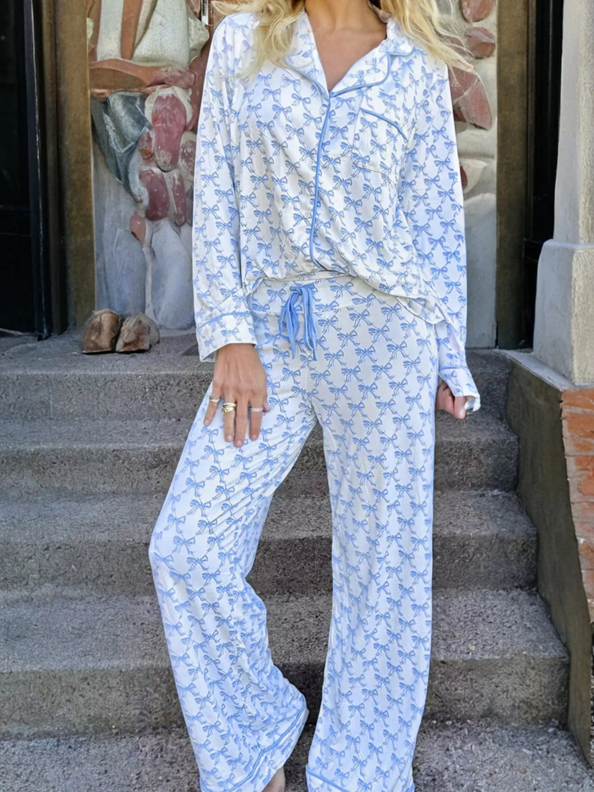 Bow Print Long Sleeve Shirt and Pants Pajama Set