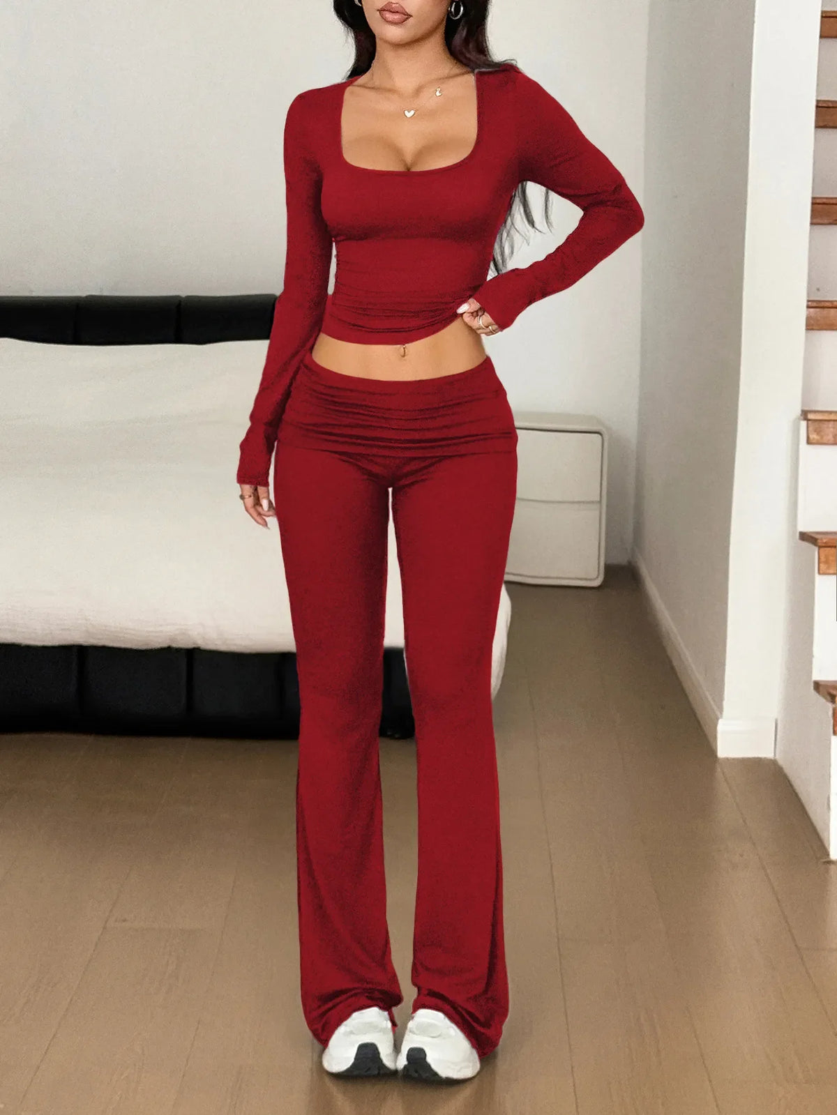 Long Sleeve Crop Top and Bootcut Pants Set