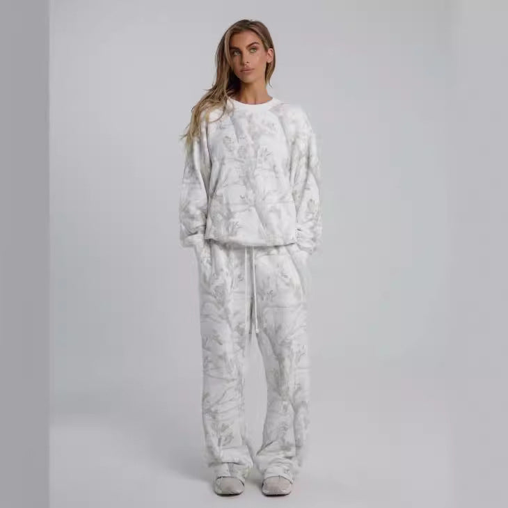 Autumn Winter Two Piece Sets Women Camouflage Hoodie Maple Leaf Print Sweatshirt Suit Sports Hoodie Sportswear