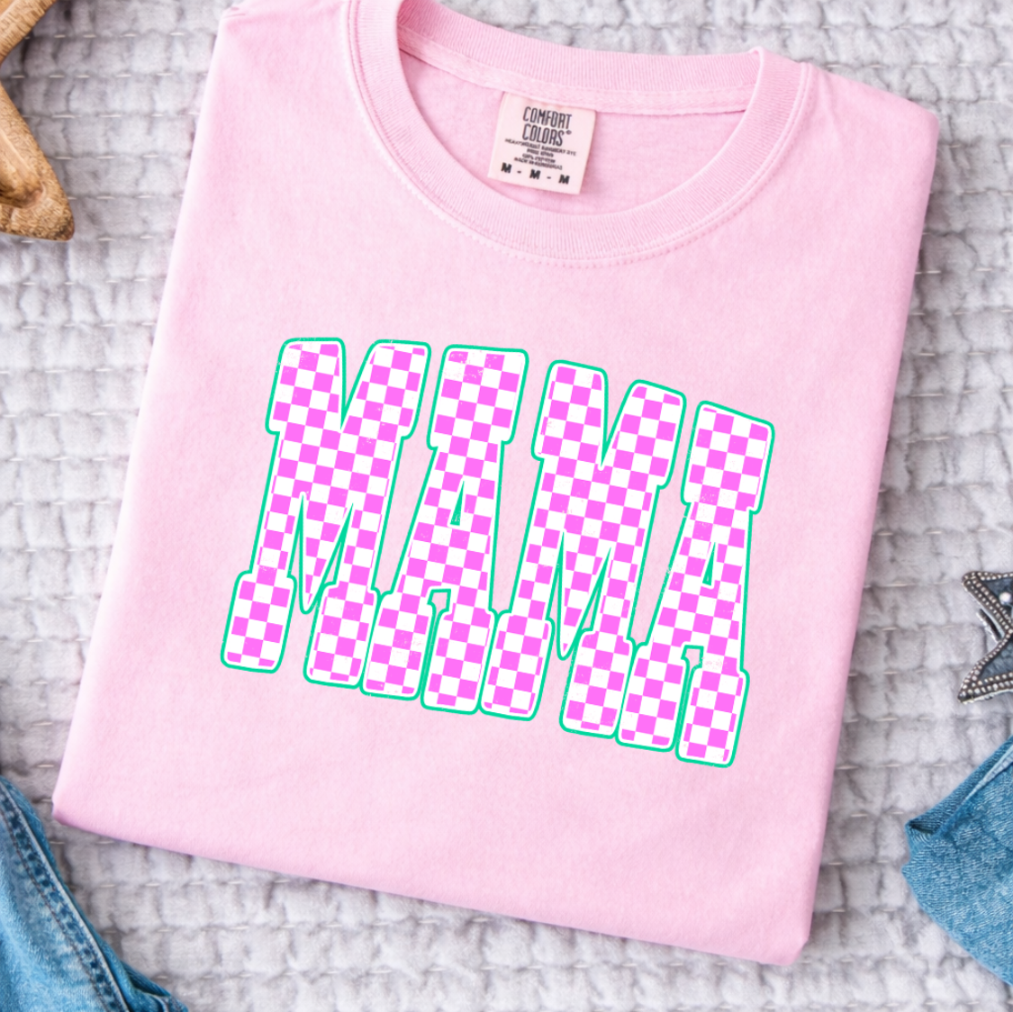 MAMA Pink Checker Tee | Comfort Colors | Everyday Customs Co.