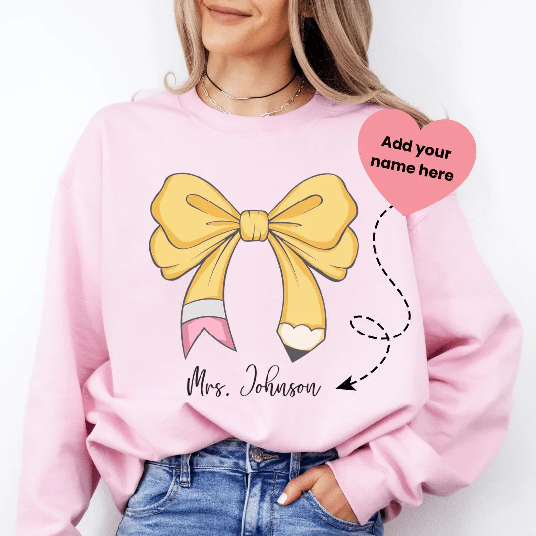 Teacher Personalized Bow Pencil Sweatshirt – Coquette Educator Pullover