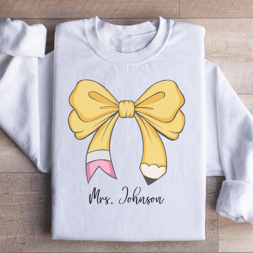 Teacher Personalized Bow Pencil Sweatshirt – Coquette Educator Pullover